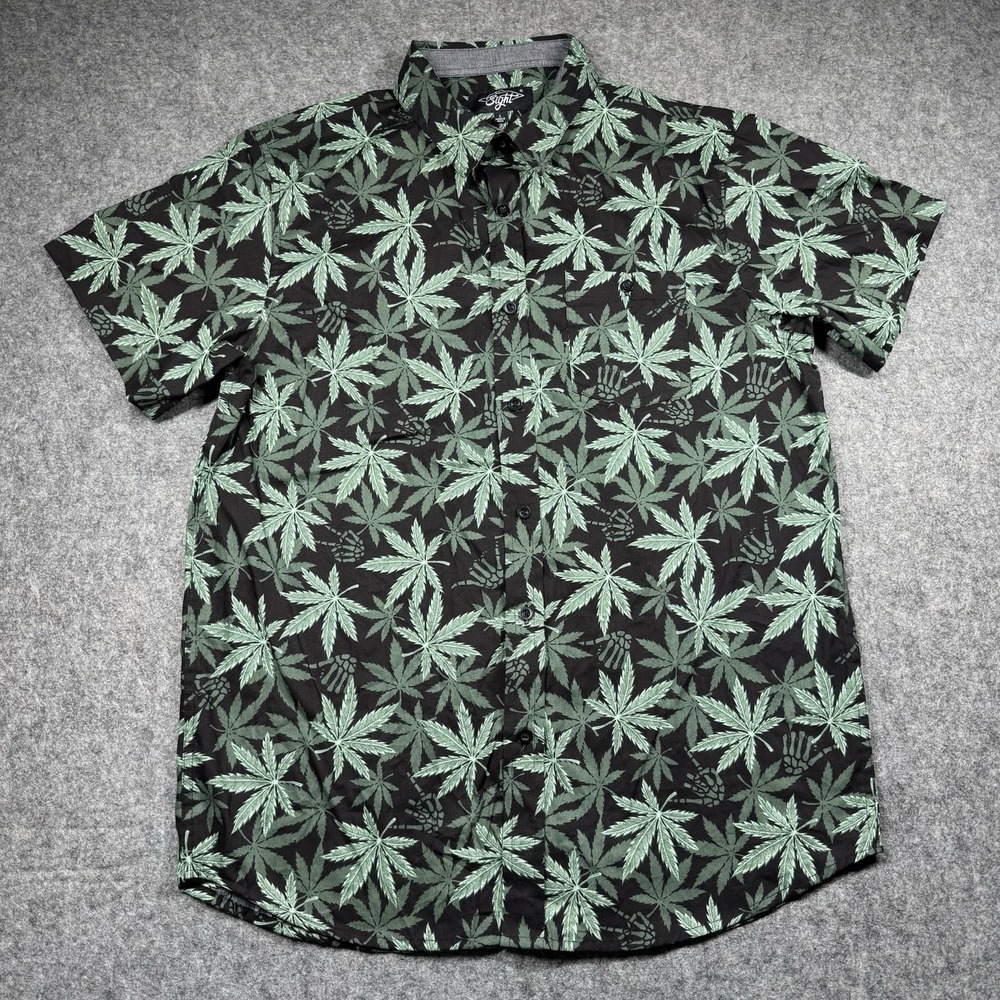 Eighty Eight Button Down Shirt Mens L Cannabis Marijuana‎ Black Green Hawaiian